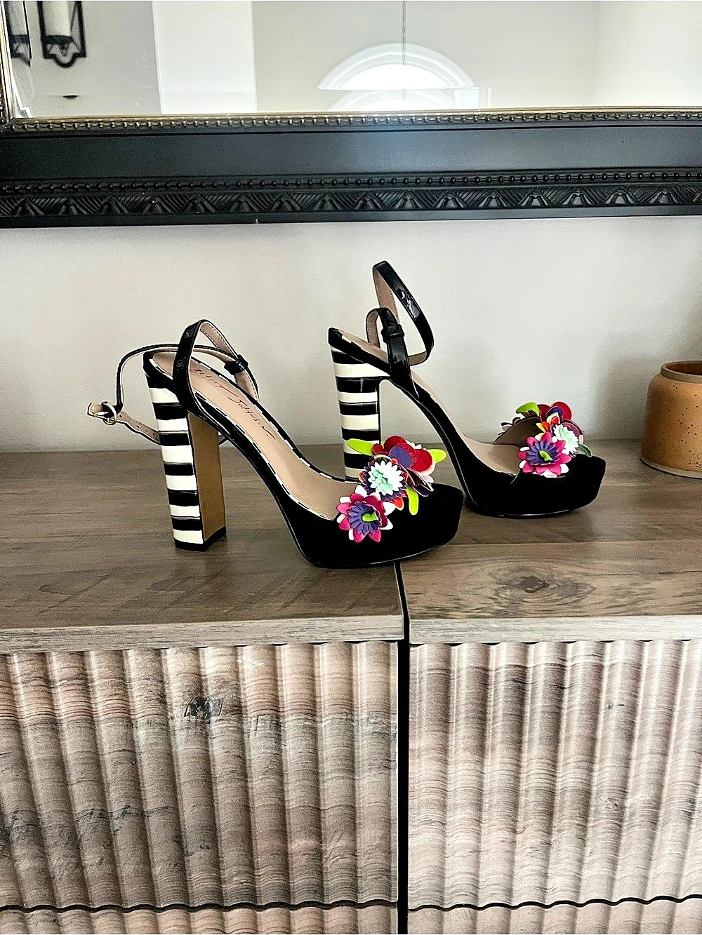 Betsey Johnson Iria Floral Striped Ankle Strap Heel Heels Black & White